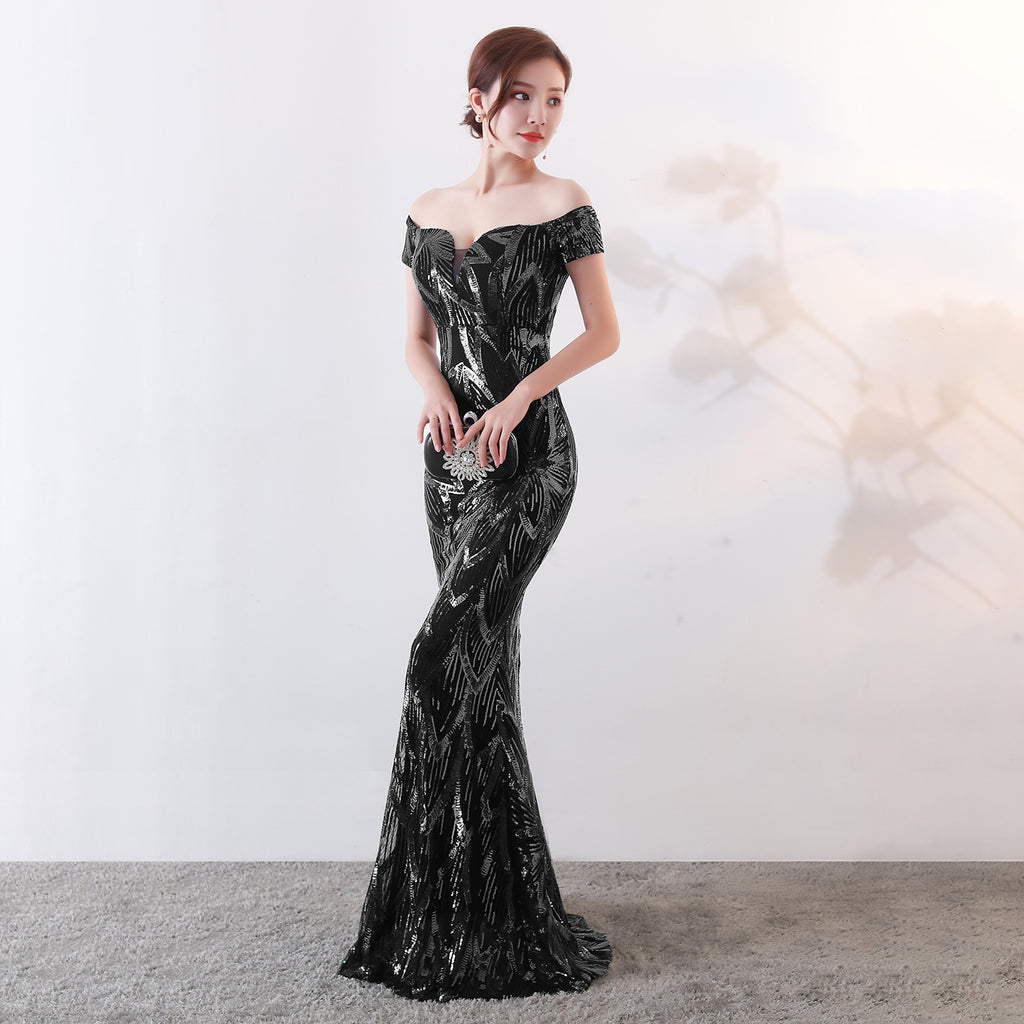 Vestido de noche largo con hombros descubiertos y cola de pez con lentejuelas, vestido ajustado y adelgazante