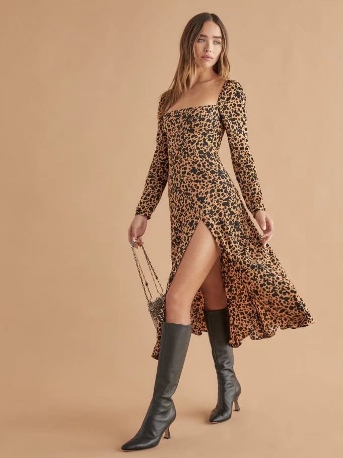 French Girl Summer Retro Square Collar Slimming Waist-Tight Side Slit Floral Holiday Dress