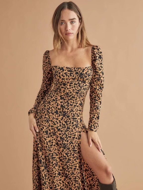 French Girl Summer Retro Square Collar Slimming Waist-Tight Side Slit Floral Holiday Dress