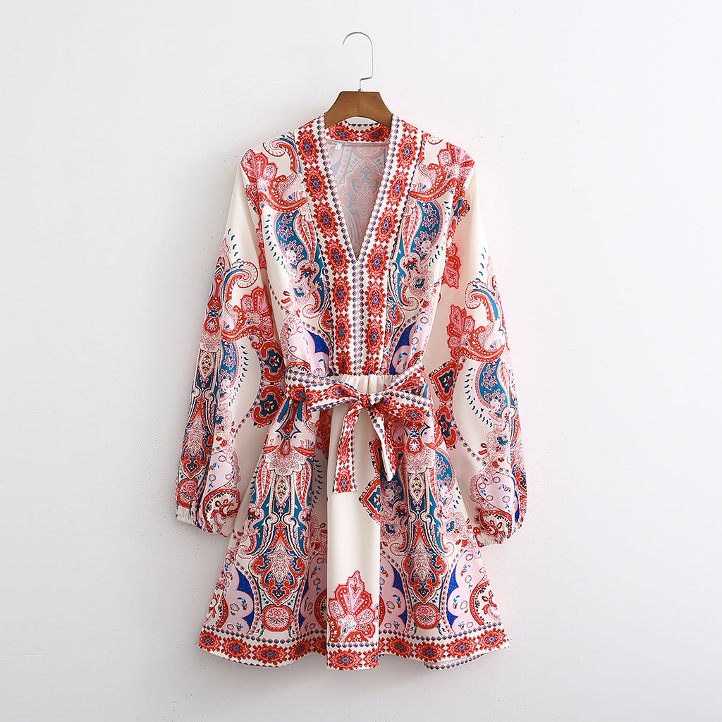 Spring Autumn New Women Clothing Fashion Long Sleeve V-Neck Positioning Print Dress