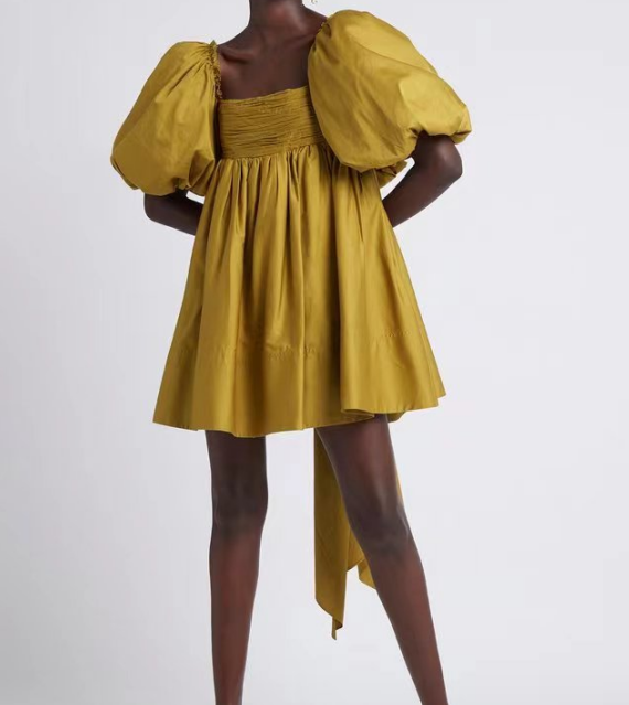 Spring Women Clothing French Retro Mustard Super Long Lace-up Puff Sleeve Short Sleeve Dress