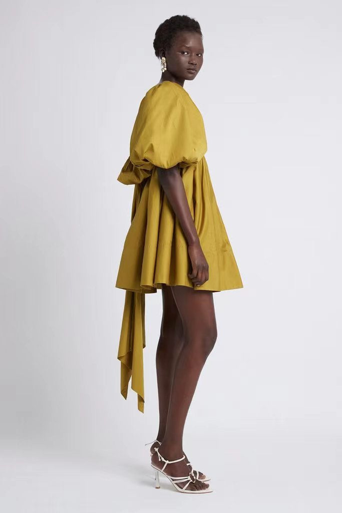 Spring Women Clothing French Retro Mustard Super Long Lace-up Puff Sleeve Short Sleeve Dress