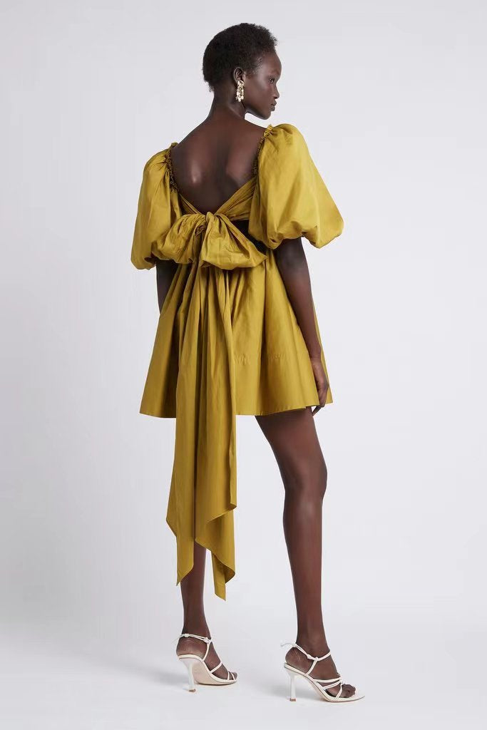 Spring Women Clothing French Retro Mustard Super Long Lace-up Puff Sleeve Short Sleeve Dress