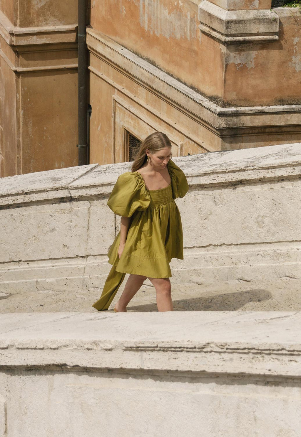 Spring Women Clothing French Retro Mustard Super Long Lace-up Puff Sleeve Short Sleeve Dress