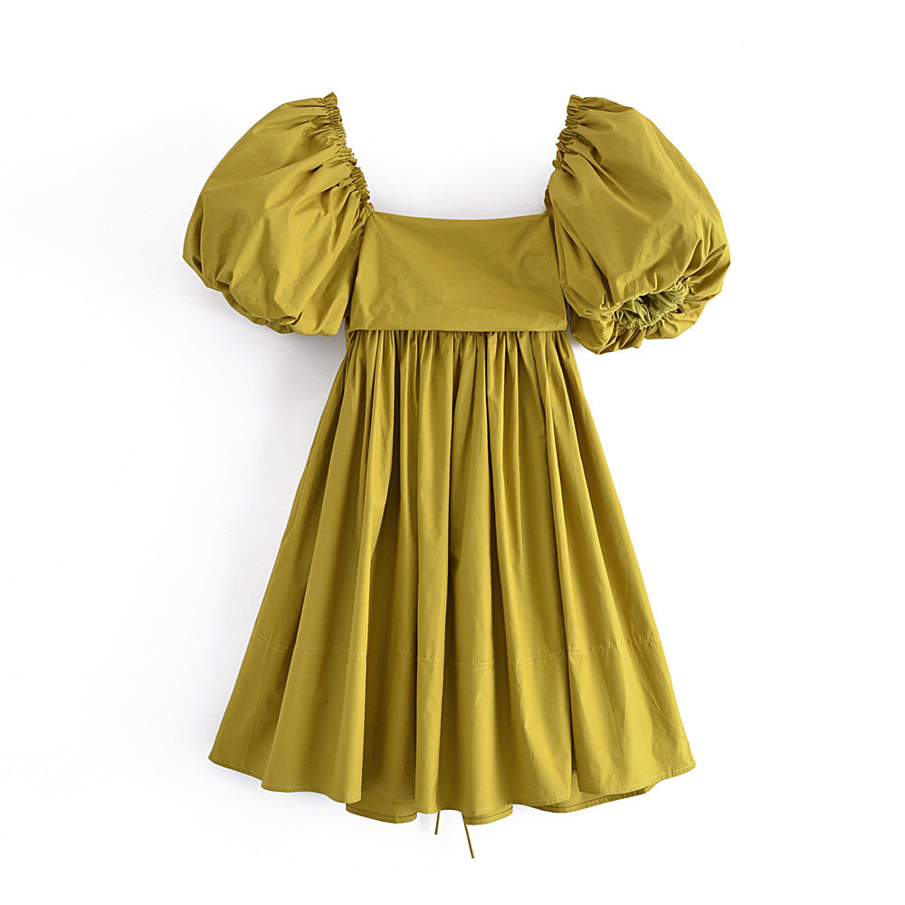 Spring Women Clothing French Retro Mustard Super Long Lace-up Puff Sleeve Short Sleeve Dress