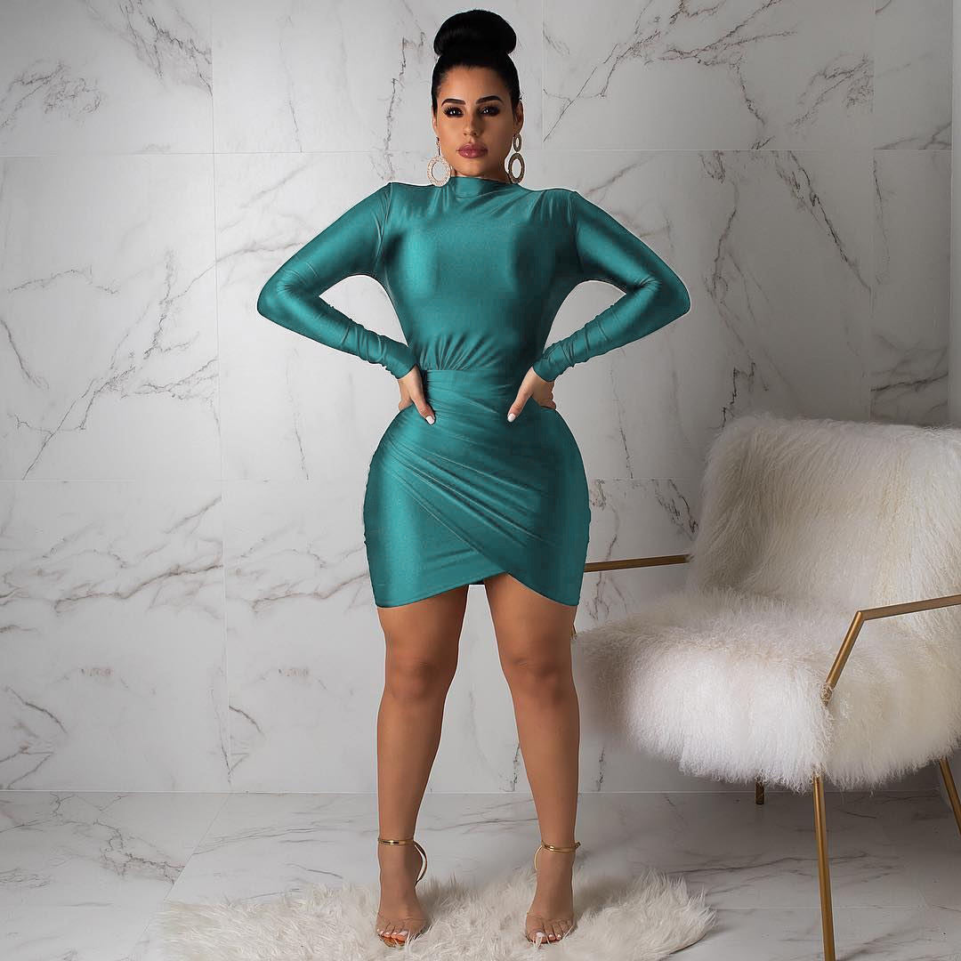 Slim Fit Sheath Fitted Waist Pleated Long Sleeve Dress Nightclub