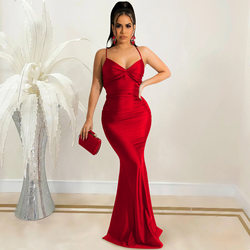 Solid Color Sexy Spaghetti Straps Corset Backless Lace up Tight Maxi Dress