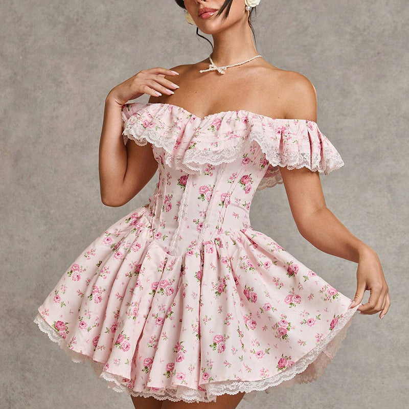 French Sexy Summer off Shoulder Lace Edge Waist Controlled Slim Fit Slimming High Grade Design Dress