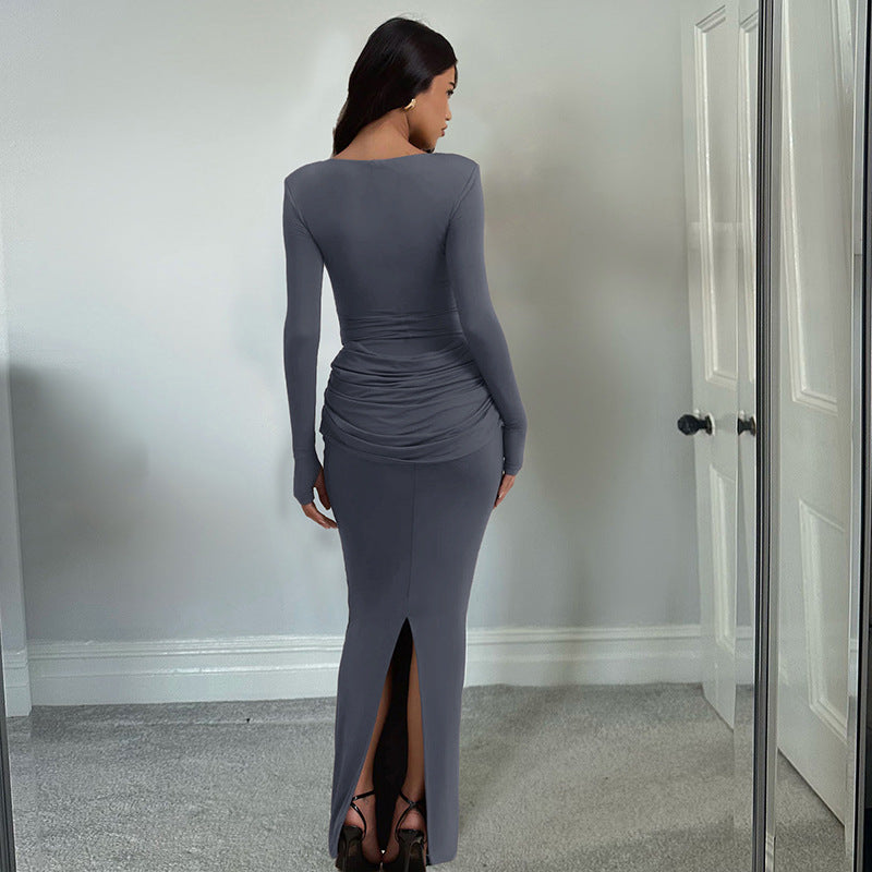Robe élégante automne-hiver pour femme, coupe cintrée, col rond, couleur unie, fente, manches longues.