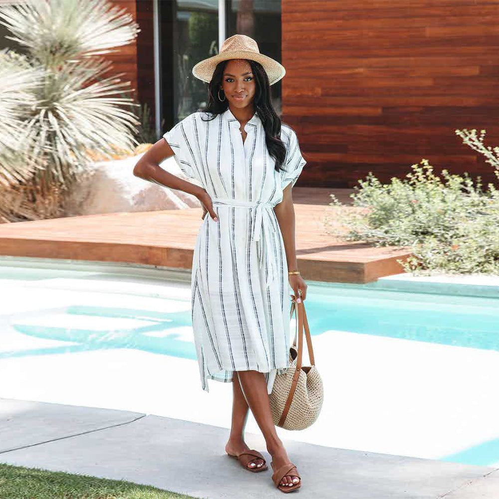 Robe-chemise décontractée à rayures, manches courtes et cardigan, simple boutonnage, pour femme