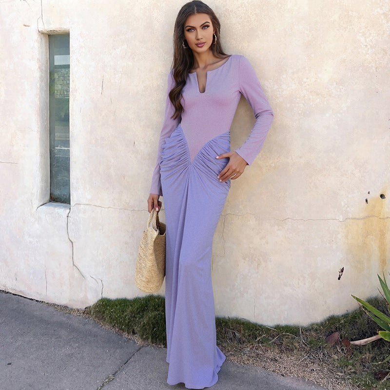 Vestido elegante de manga larga plisado ajustado con bloques de color para mujer Otoño Invierno