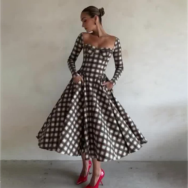 Autumn U Neck Plaid Long Sleeve Slim Fit Belt Retro Dress Women