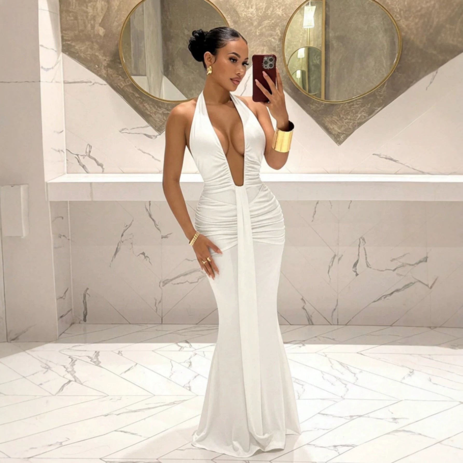 Women Halter Deep V Plunge Pleated Slim Fit Mopping Dress Slimming Sheath Fishtail Dress