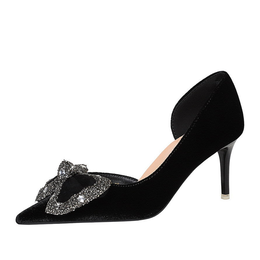Wind Black Dignified Rhinestone Decorative Bowknot Pointed Shallow Mouth Side Hollow Out Cutout Sexy Pumps