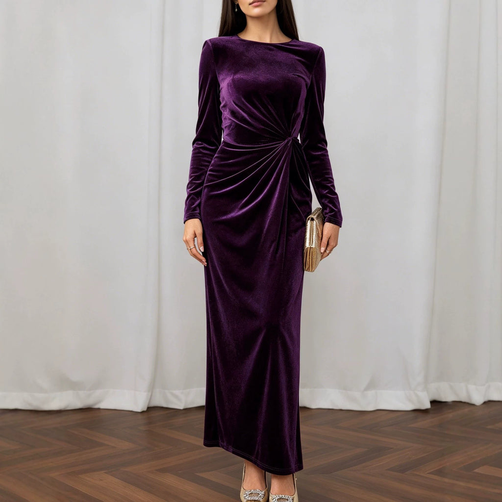 Light Luxury Matte Velvet Maxi Dress Long Sleeve round Neck Twisted Waist Flab Hiding Cocktail Dress