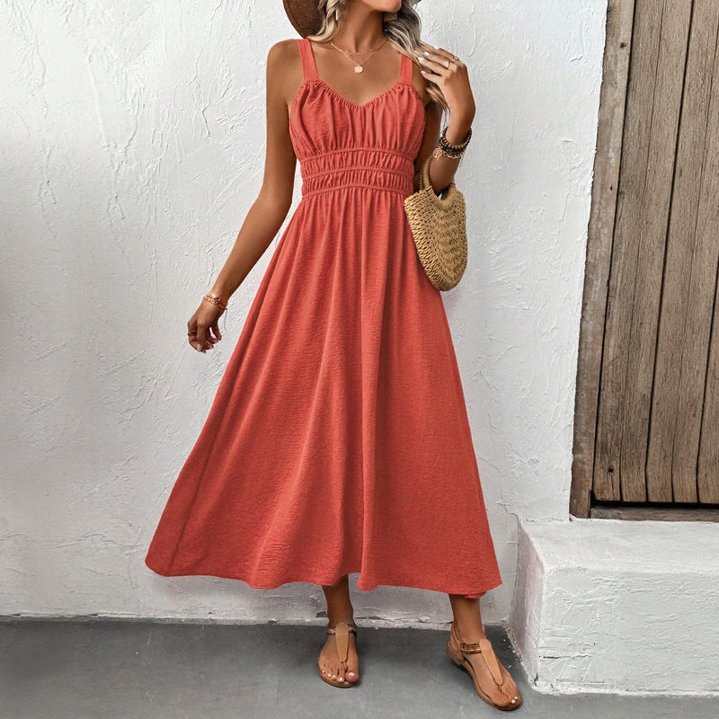 Vestido plisado informal sin mangas de verano con tirantes