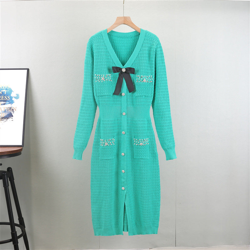 Classic V neck French Slim Knit Dress Fall Winter Women Design Maxi Dress