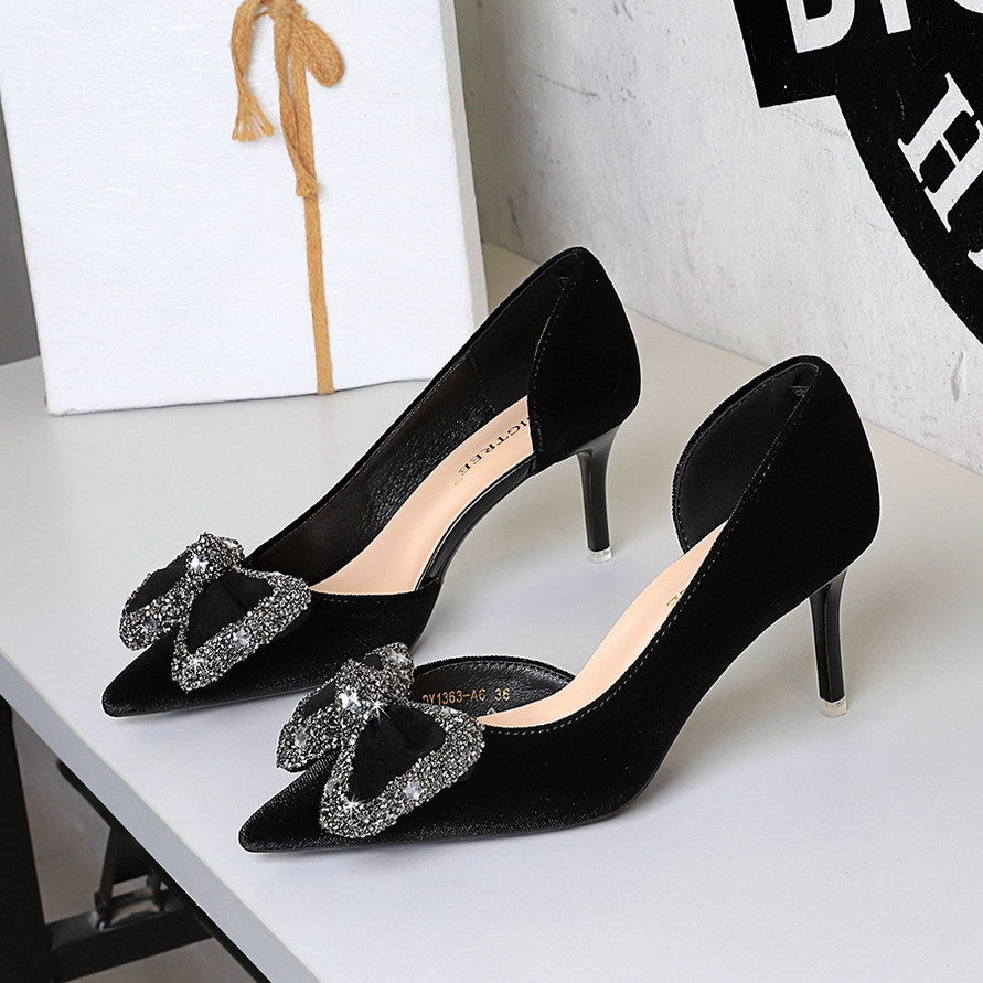 Wind Black Dignified Rhinestone Decorative Bowknot Pointed Shallow Mouth Side Hollow Out Cutout Sexy Pumps