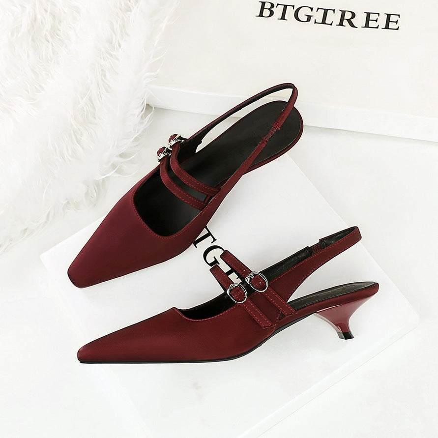 Korean Pointed Toe Strap Hollow Out Cutout Back Shoes Back Strap Comfortable Low Heel Pumps Low Cut Wine Cup Heel Satin Women Shoes