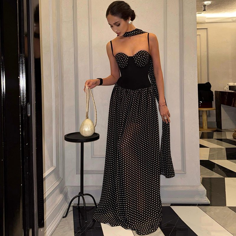 Summer Women Sexy Tube Top Backless Ribbon Polka Dot Printing Slip Dress