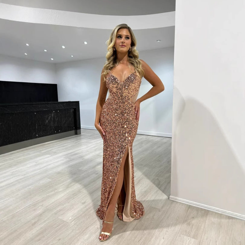 Vestido de cóctel sexy con lentejuelas y abertura en la cintura, vestido largo ajustado.