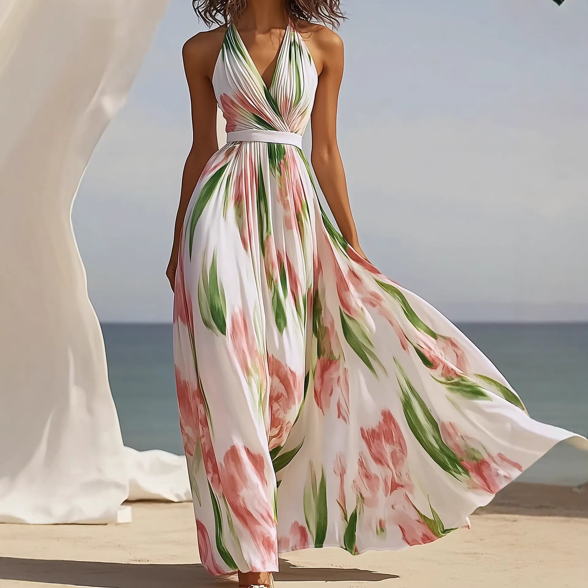 Spring Summer Seaside Romantic Vacation Women Clothing Printed V neck Backless Waist Trimming Elegant A line Dress