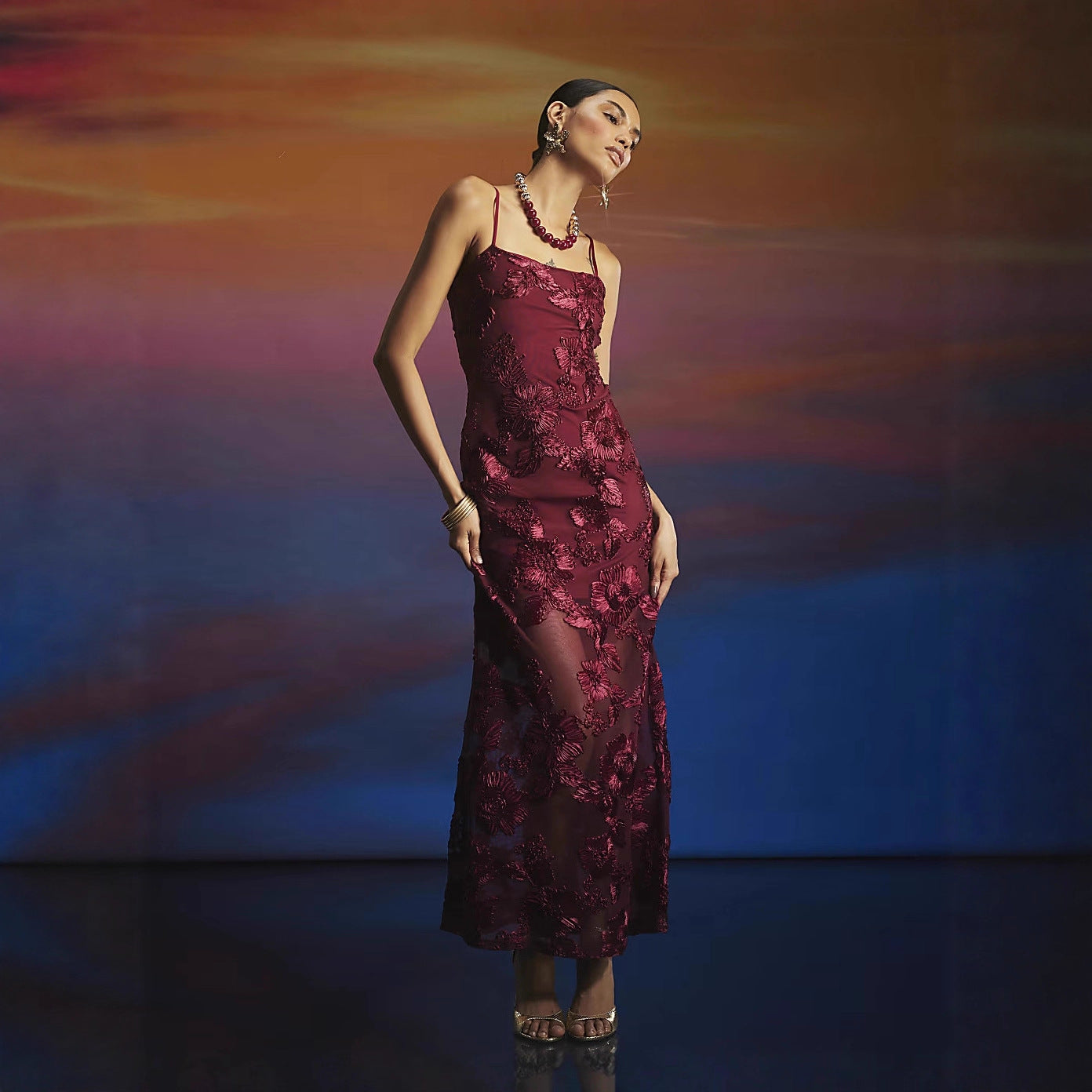 Embroidered Strap Lace up Backless Low Cut Elegant Maxi Dress