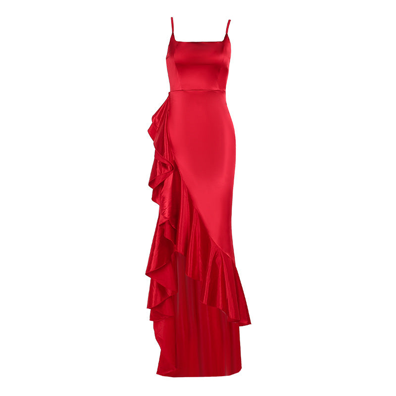 Robe d'automne sexy à fente et fines bretelles spaghetti pour femme