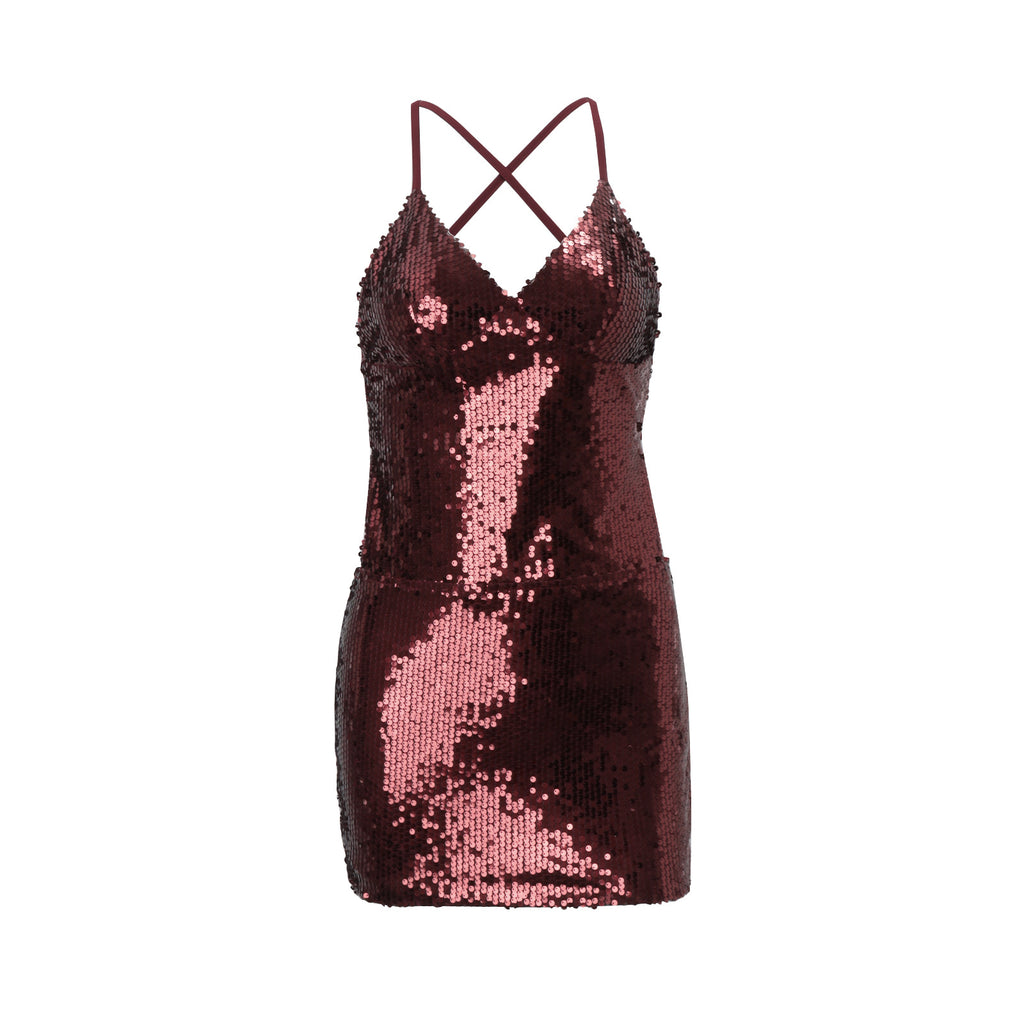 Vestido corto ajustado con lentejuelas y cordones para discoteca, sexy, con espalda descubierta, para mujer