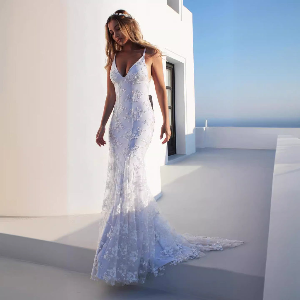 Women Sexy V neck White Cami Maxi Dress