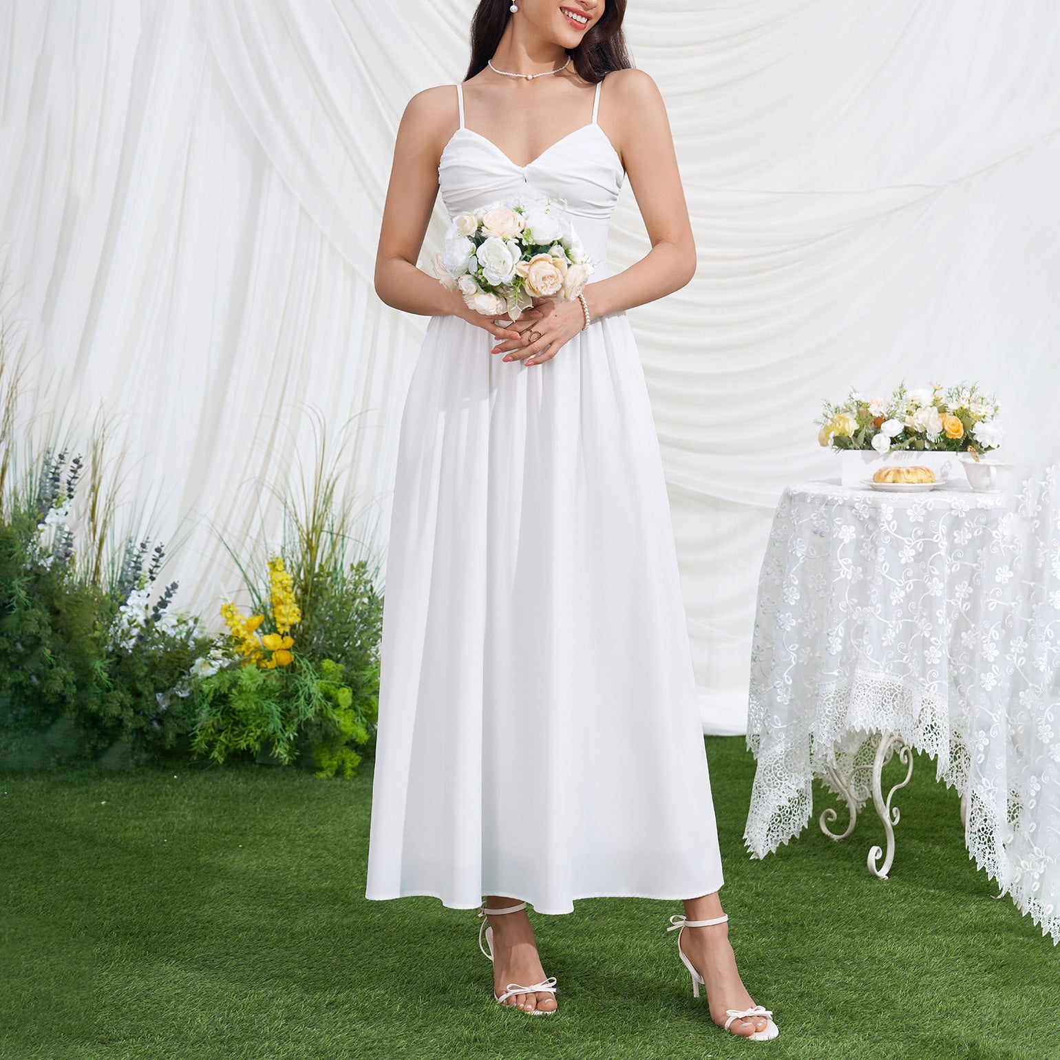 Women Sexy V neck Backless Waist Trimming Slimming Smocking Dress
