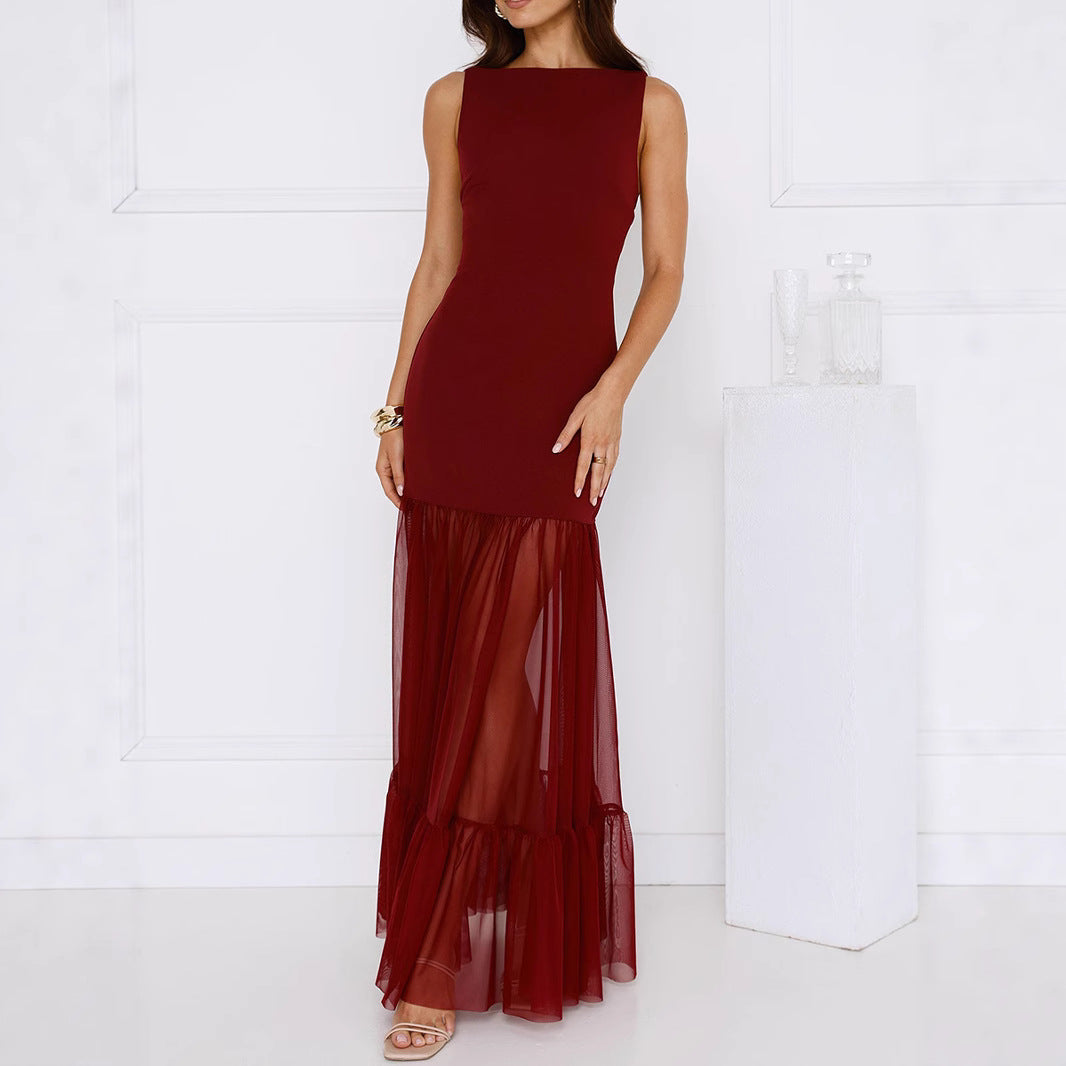 Summer Women Sleeveless Mesh Stitching Tight Sheath Transparent Backless Women Summer Dress
