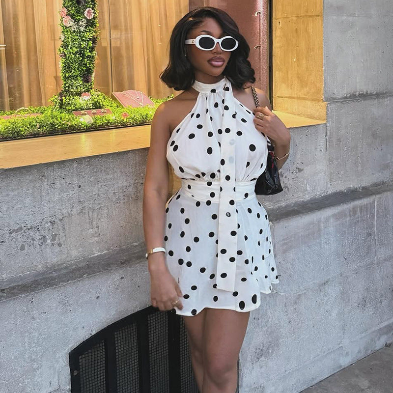 Robe courte imprimée à pois et dos nu, plissée à la taille, pour femme