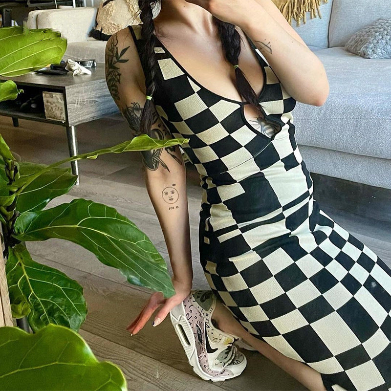Vestido de punto a cuadros sin mangas Maillard de verano para mujer, con escote en V pronunciado, sexy, calado, sin mangas