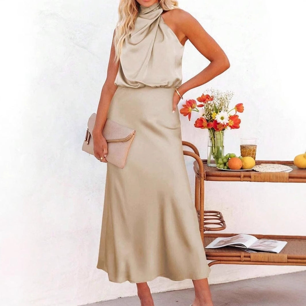 Spring Summer Long Satin Dress Women Clothing Sleeveless Satin Dress
