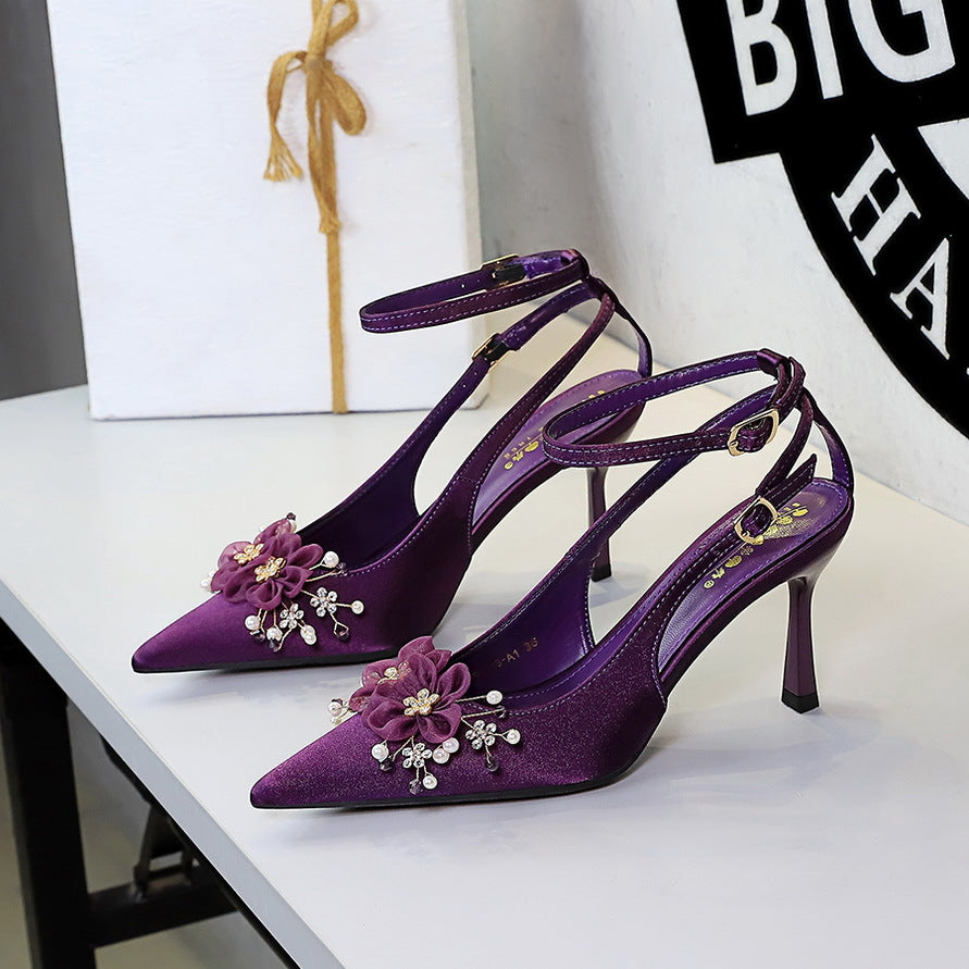 French Hollow Out Cutout High Heels Satin Rhinestone Floral Bridal Shoes Hollow Out Cutout out Ankle Strap Stilettos Pumps