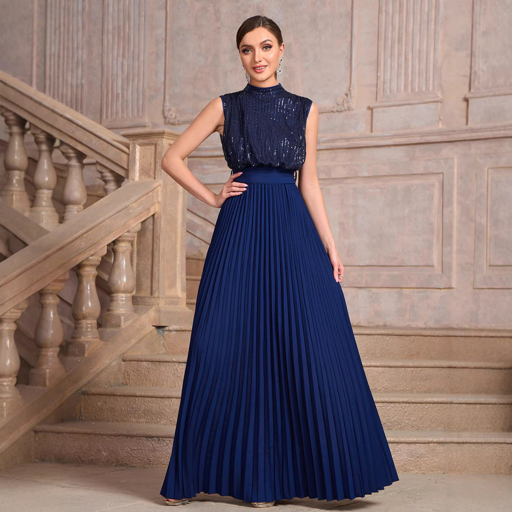 Vestido plisado de cintura alta con lentejuelas y espalda descubierta para mujer, vestido elegante de verano