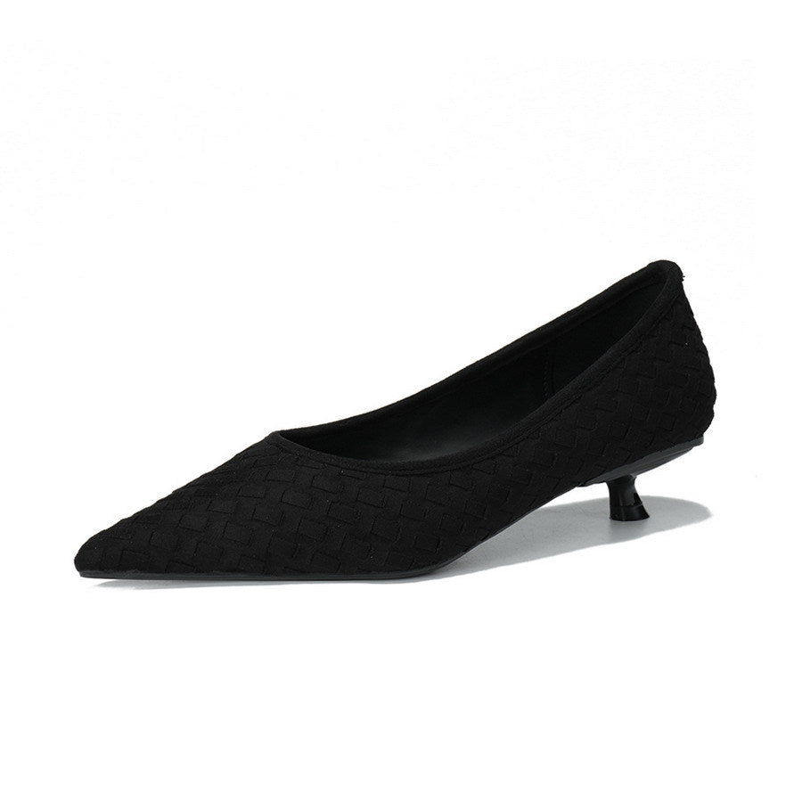 Professional Low Heel Comfortable Women Shoes Woven Suede Pointed Slip on Shallow Mouth Pumps