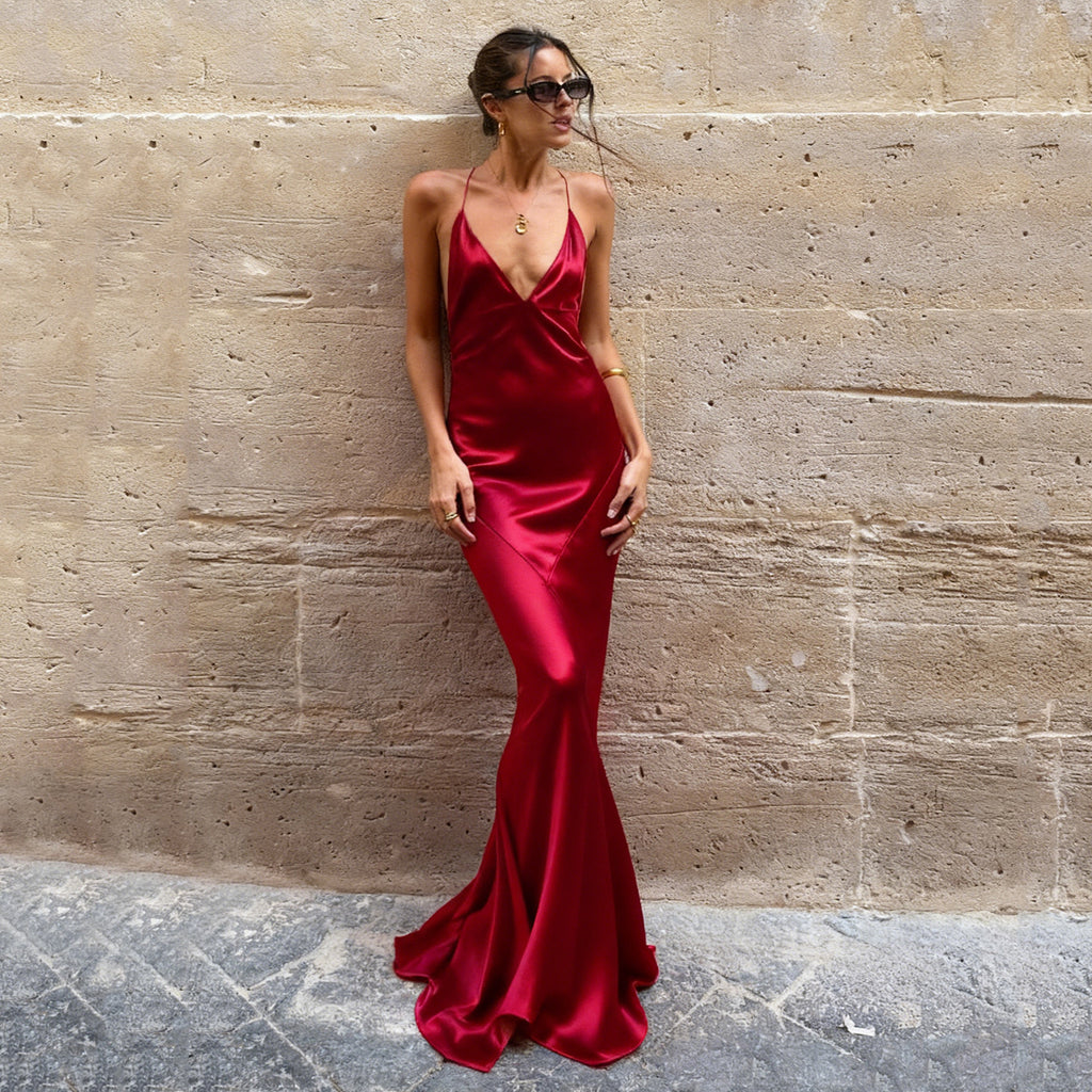 Elegante vestido de noche de satén para cóctel, color rojo vino, sexy, con escote en V y tirantes, vestido de cola de pez sin espalda.