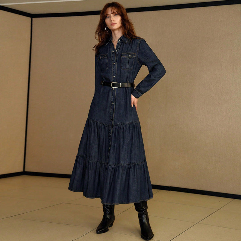 Vestido vaquero de manga larga con botones para mujer (sin cinturón)