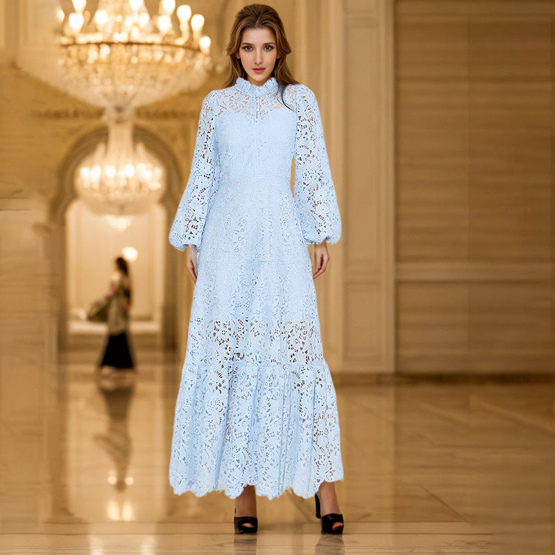 Spring Maxi Dress Stand Collar Machine Embroidery Lantern Sleeve Waist Tight High Sense Dress Women