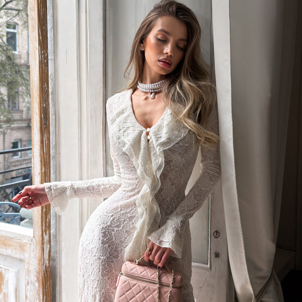 Fall Lace Knitted Stitching Dress Women V neck Slim Fit Polyester Cotton Long Sleeve Irregular Asymmetric Maxi Dress