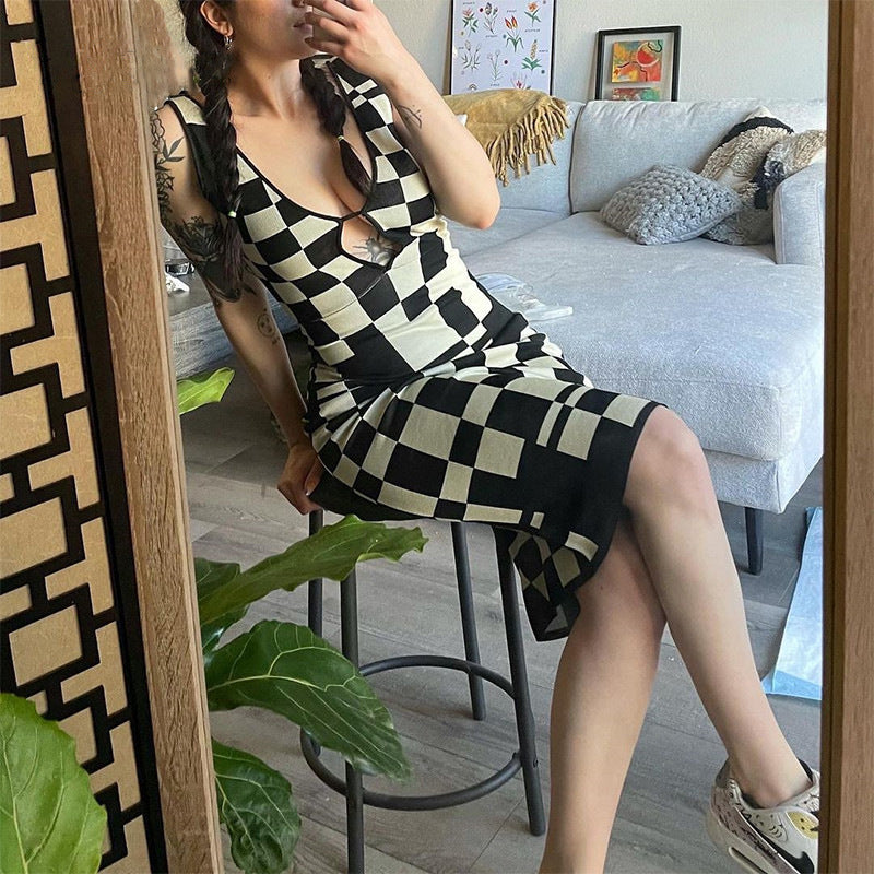 Vestido de punto a cuadros sin mangas Maillard de verano para mujer, con escote en V pronunciado, sexy, calado, sin mangas