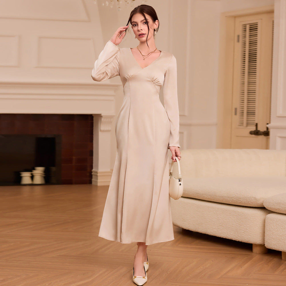 Women Clothing French V neck Satin Dress Autumn Winter High Waist Slim Dress