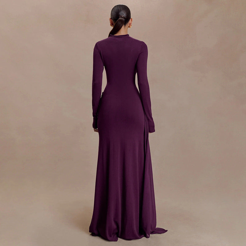 Vestido largo elegante de invierno para mujer, color liso, cuello alto, manga larga, plisado y cinta