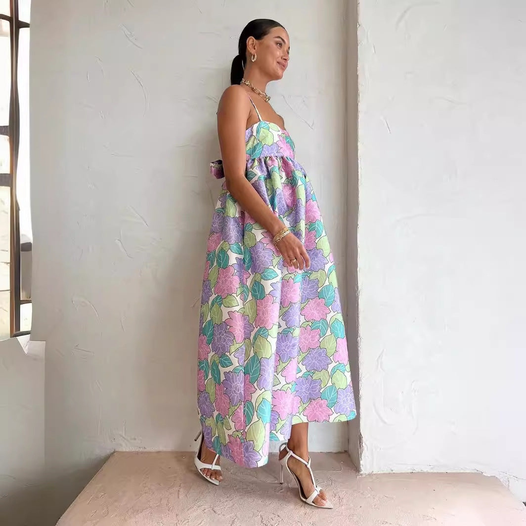 Robe ample imprimée décontractée et élégante à bretelles, dos nu et grande ampleur