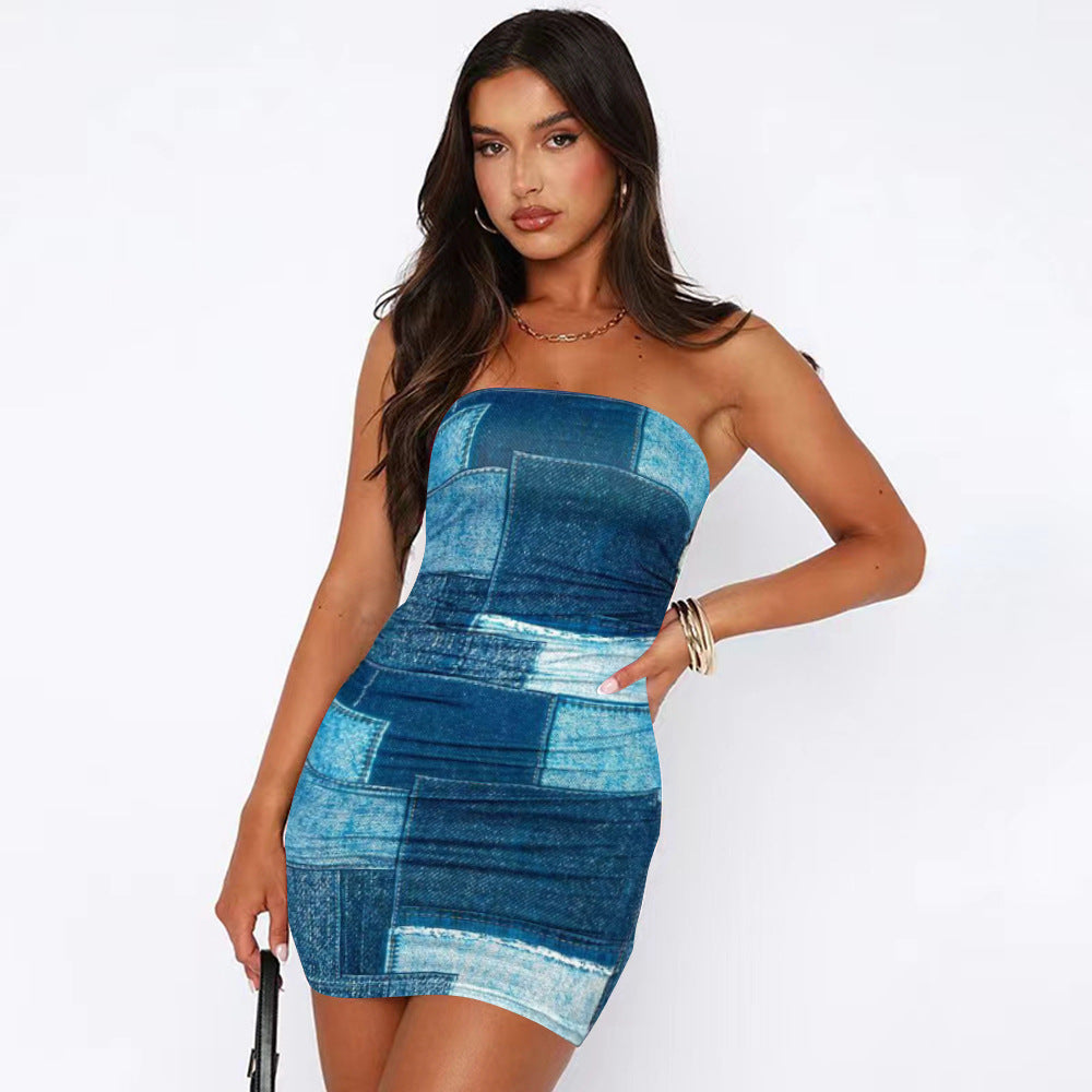 Vestido ajustado de verano con estampado de mujer, color vaquero, top de tubo avanzado