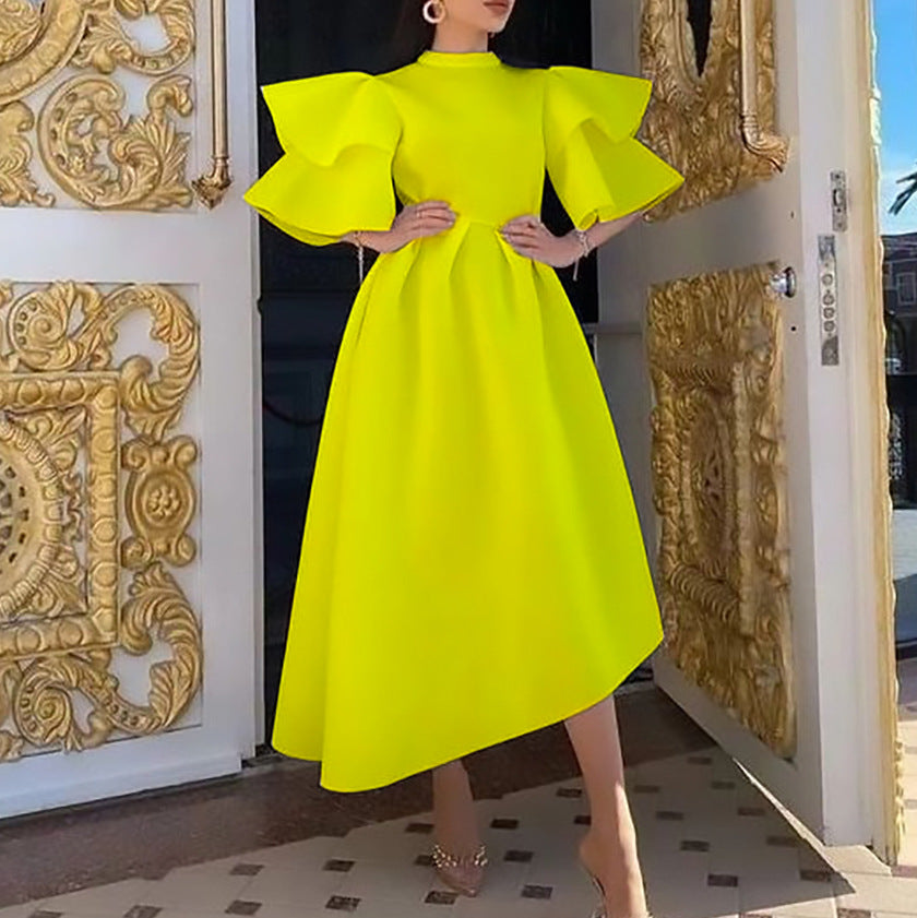 Vestido de verano para mujer con doble capa, mangas con volantes, color liso y dobladillo ancho.