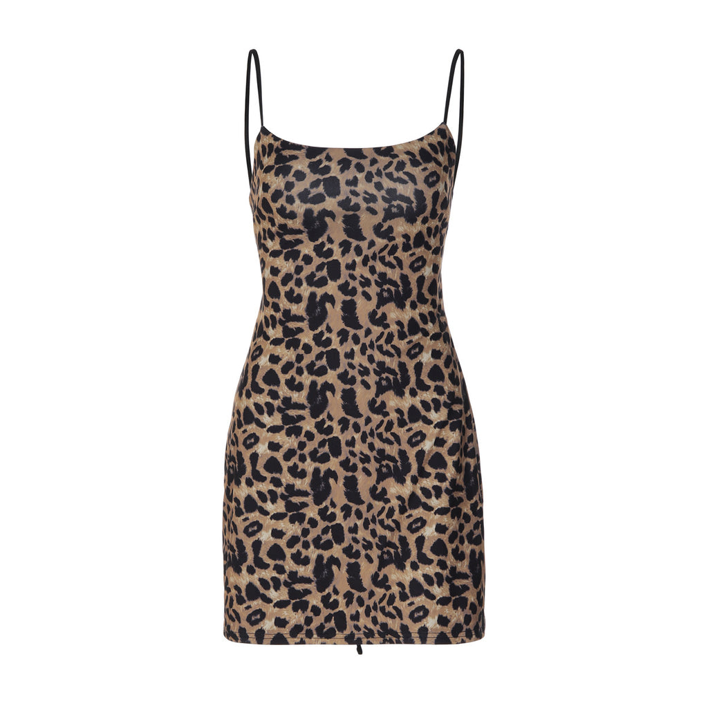 Robe d'été pour femme, imprimé léopard, sexy, dos nu, taille lacée, bretelles spaghetti