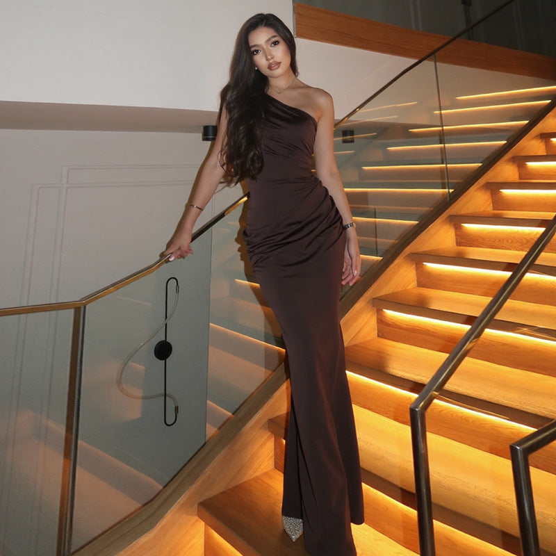 One Shoulder Slim Fit Sexy Patchwork Sheath Socialite Maxi Dress Women